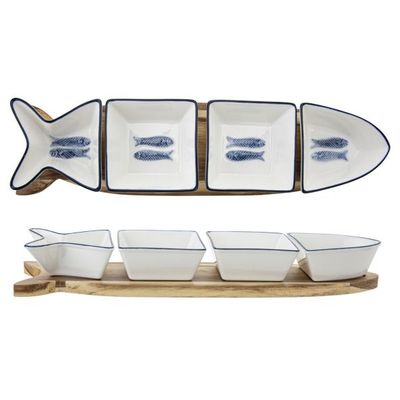 Branzino Aperoset 5dlg 37x9,5xh4,8cm Vorm Vis - 4 Potjes + Houten Basis  Cosy & Trendy