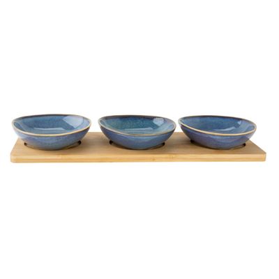 Kp Planche A Servir 31x11xh4cm Bambou + Bowls Ceramique Bleu  - Kraft Box  Cosy & Trendy