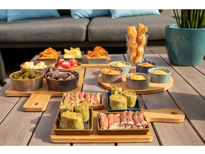 Serveerplank 29x20xh1cm Bamboe  + 4 Cups Multi-kleur 10x7.5x1.5cm