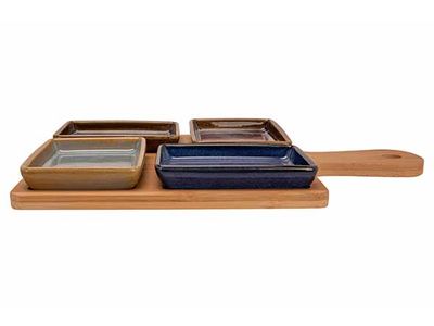 Serveerplank 29x20xh1cm Bamboe  + 4 Cups Multi-kleur 10x7.5x1.5cm