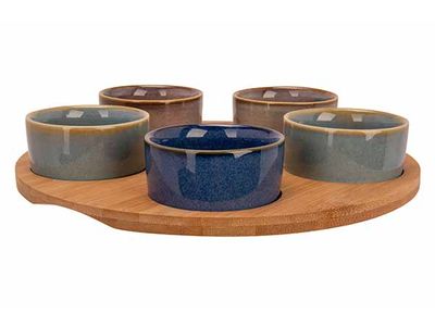 Serveerplank D25x1cm Bamboe  + 5 Bowls Multi-kleur D7x3cm