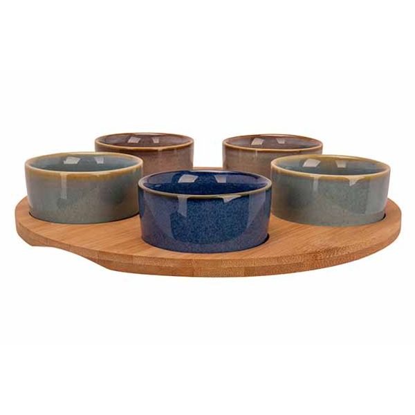 Serveerplank D25x1cm Bamboe  + 5 Bowls Multi-kleur D7x3cm 