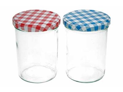 Confituurpot Set6 Transparant 44cl 8,5cm Deksels: 3x Blauw-wit + 3x Rood-wit