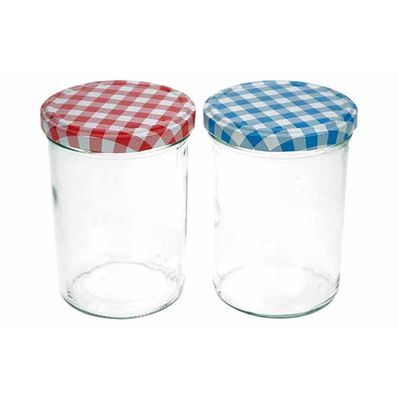 Confituurpot Set6 Transparant 44cl 8,5cm Deksels: 3x Blauw-wit + 3x Rood-wit 