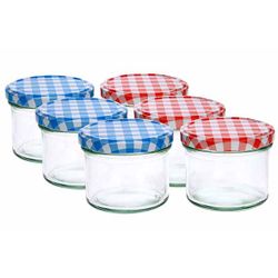 Confituurpot Set6 Transparant 23cl 8,5cm Deksels: 3x Blauw-wit + 3x Rood-wit 