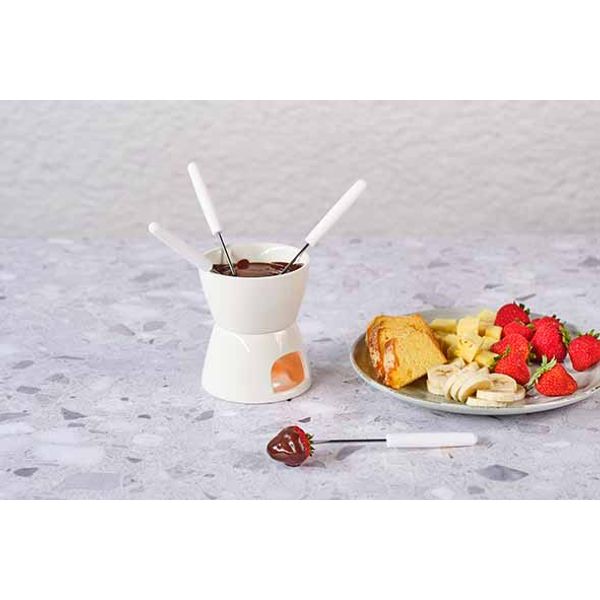 Fondue Chocolade D11,5cm Wit Porselein + 4 Vorken 