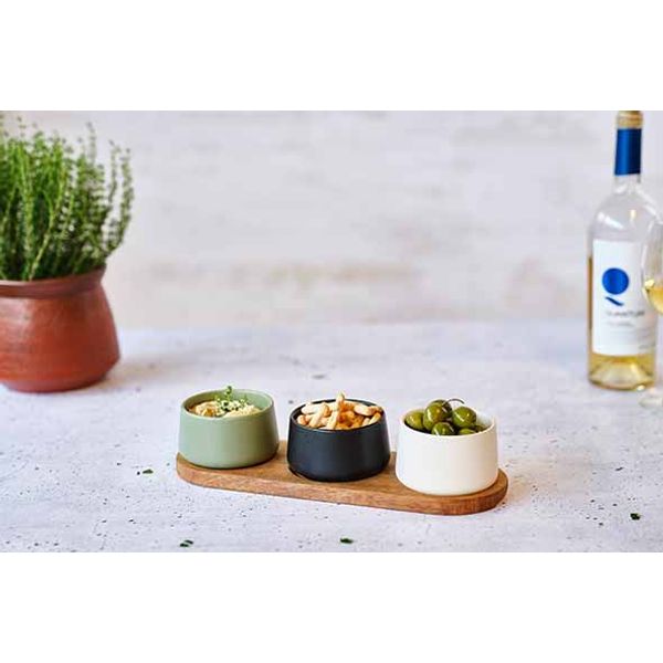 Cosy & Trendy Bites Aperoset 4pcs - Serveerplank 32x10,5cm + 3x Bowl D9,5x5,5cm