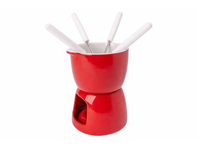 Fondue Chocolade D11,5cm Rood Porselein + 4 Vorken