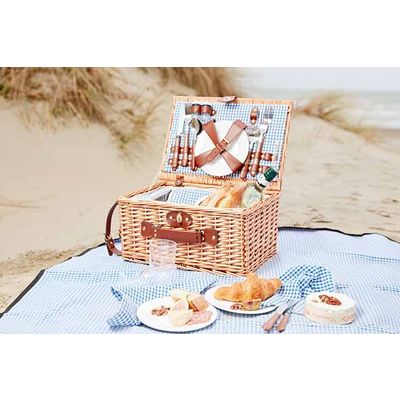 Picknickmand 4p Met Laken: 4x Bestek- Bord-wijnglas-flesopener-servet 