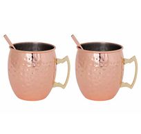 Set 2x Moscow Mug Drinkbeker 45cl + Rietjes - Koper - Gehamerd 