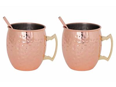 Set 2x Moscow Mug Drinkbeker 45cl + Rietjes - Koper - Gehamerd