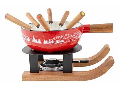 Aspen Fondueset Ski D22cm Gietijzer Rood - Met 6 Vorkjes