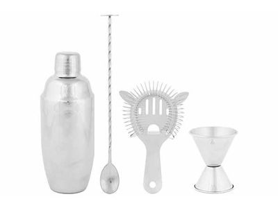 Cocktailset 4pcs Zilver Met Shaker - Barmaatje - Zeef - Cocktaillepel