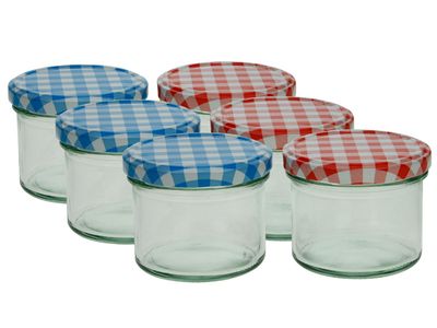 Confituurbokaal 230ml Set6 3x Deksel Blauw-wit + 3x Rood-wit