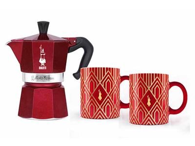 Deco Glamour Moka Express 6tz + 2 X Mug 33cl Rood