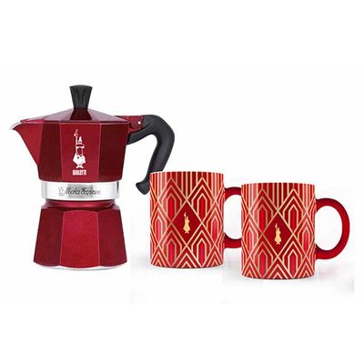 Deco Glamour Moka Express 6tz + 2 X Mug 33cl Rood 