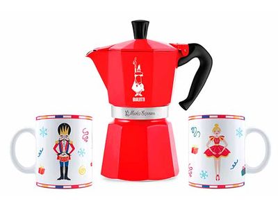 Schiaccianoci Moka Express 6t + 2 Tassen Rood