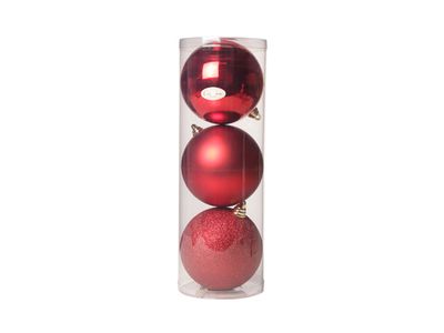 Kerstbal Set3 Mix Rood D15cm Kunststof Mat Glitter Blinkend