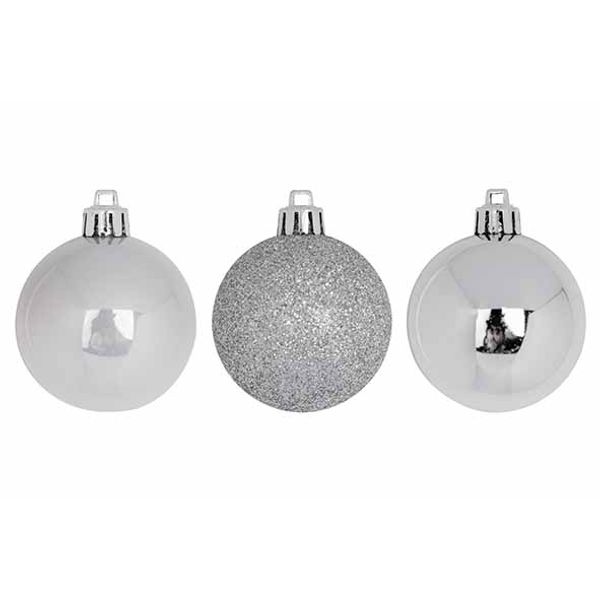 Kerstbal Set12 Mix Zilver D6cm Kunststof Mat Glitter Blinkend 