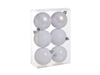 Kerstbal Set6 Mix Wit D8cm Kunststof Mat Glitter Blinkend