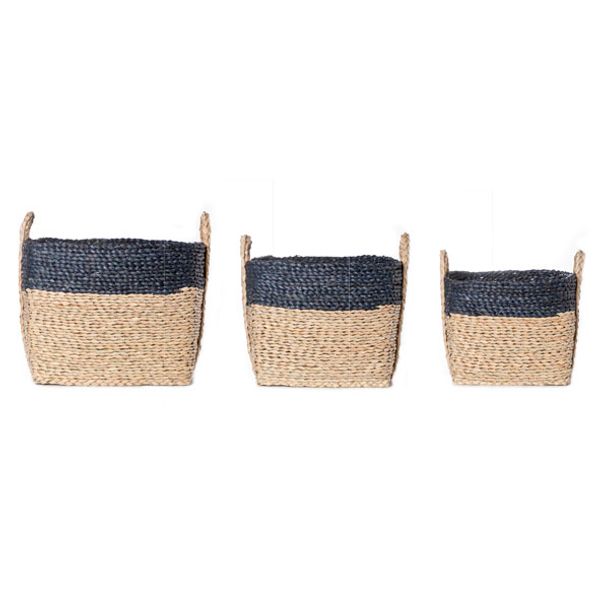 Cosy @ Home Blue Band Mand Set3 Vierkant Riet 35x35xh29cm - 30x30xh25cm - 25x25xh22cm