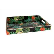 Tropic Plateau Bois 30x40x5cm Vert Fleurs Rose 