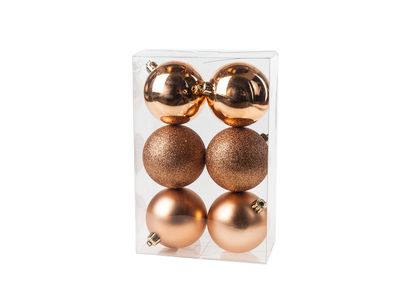 Kerstbal Set6 Mix Koper D8cm Kunststof Mat Glitter Blinkend