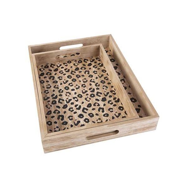 Cosy @ Home Dienblad Leopard Set2 Black  40x30x5 Natuur Hout