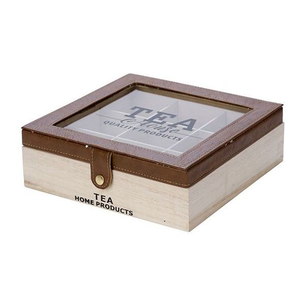 Theedoos Tea House Leather Brown Natuur 26,5x15,5xh9cm Hout 