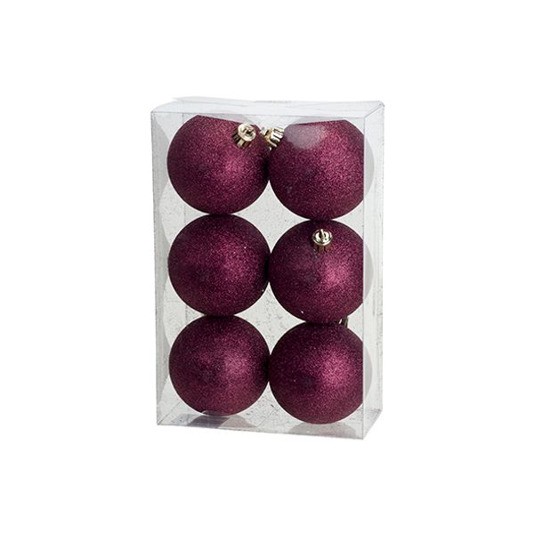 Kerstbal Set6 Glitter Aubergine D8cm Kun Ststof 