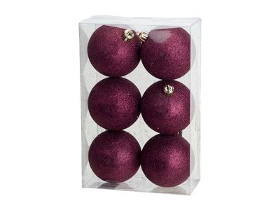 Boule Noel Set6 Glitter Aubergine D8cm P Lastic