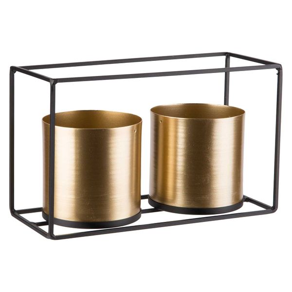 Cosy @ Home Houder 2x Gold Pot D10 X H10cm Zwart 26x 11xh16cm Rechthoek Metaal