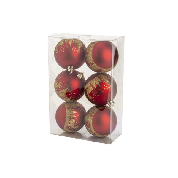 Kerstbal Set6 Trees Gold Glitter Rood D8 Cm Kunststof 