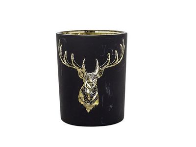 Theelichthouder Deerhead Gold Matt Zwart  10x10xh13cm Rond Glas