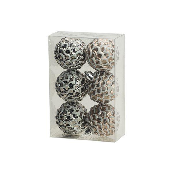 Kerstbal Set6 Pine Cone Snowy Zilver D6c M Kunststof 