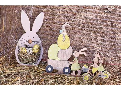 Konijn With Child On Bike Pastel Natuur 16x2xh16cm Hout