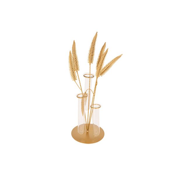 Vaas 7 Leaves 3 Glass Tubes Goud 14,5x13 Xh39cm Andere Metaal 