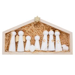 Kerststal Set10 Wit 24x12,5xh3cm Hout  