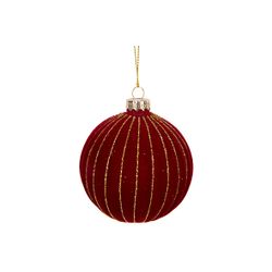 Kerstbal Flocked Glitter Stripes Bordeau X 8x8xh8cm Bol Glas 