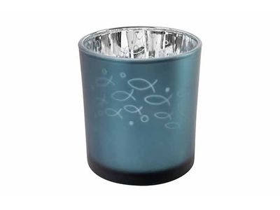 Theelichthouder Fishes Blauw D7xh8cm Gla S