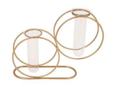 Vase 2 Circles Glass Tube 3,5x10cm Dore 19x5xh15cm Rond Metal
