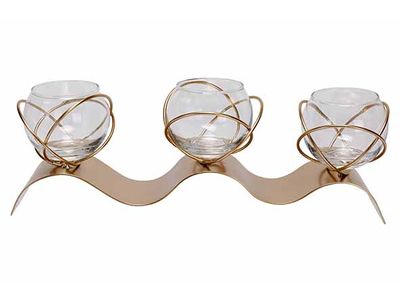Theelichthouder 3x Glass Cup 5,5cmx6,5cm  Goud 29x7xh8cm Langwerpig Metaal