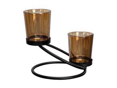 Theelichthouder 2 Glasses Metal Stand Zw Art 14x12xh13,5cm