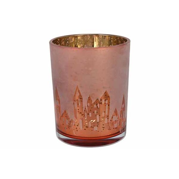 Theelichthouder Frosted City Roze 10x10x H12,5cm Glas 