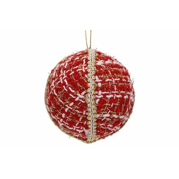 Kerstbal Rood Wit D8cm Textiel  