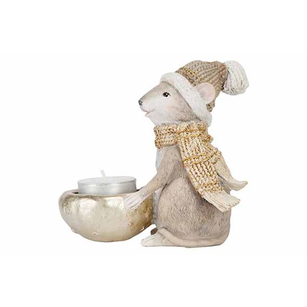 Cosy @ Home Theelichthouder Mouse Scarf And Cap Groe N 12,9x7,1xh12cm Langwerpig Polyresin