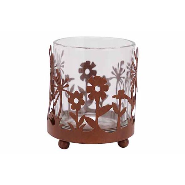 Cosy @ Home Theelichthouder Flowers Roest 7,5x7,5xh9 Cm Glas Metaal