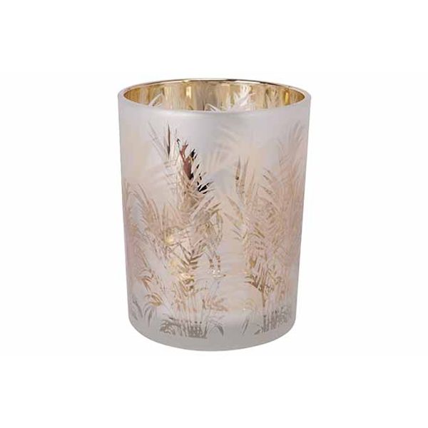 Cosy @ Home Theelichthouder Golden Palms Wit 10x10xh 12,5cm Glas