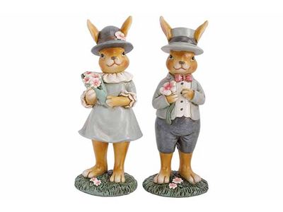 Konijn Ass2 Pink Flowers Lichtgrijs 5,5x 5xh15cm Langwerpig Polyresin