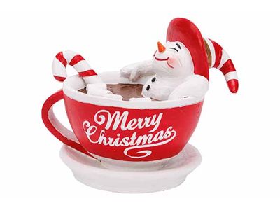 Sneeuwman In Cup Rood Wit 13x10xh11cm Po Lyresin